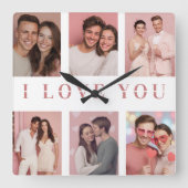 Custom Collage Photos Wall Clock | Valentine Gift Vierkante Klok (Voorkant)