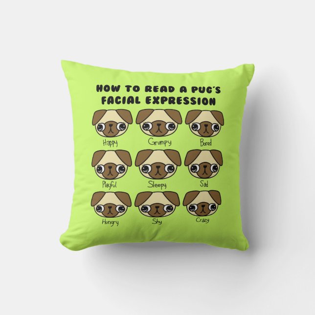 CUSTOM COLOR Cute Kawaii Cartoon Pug Funny Pillow Kussen (Voorkant)