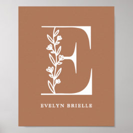 Custom Color Floral Monogram Letter E Name Nursery Poster