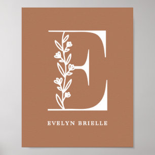 Custom Color Floral Monogram Letter E Name Nursery Poster