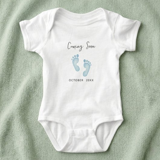 Custom Coming Soon Baby Bodysuit, Blue Footprints  Romper
