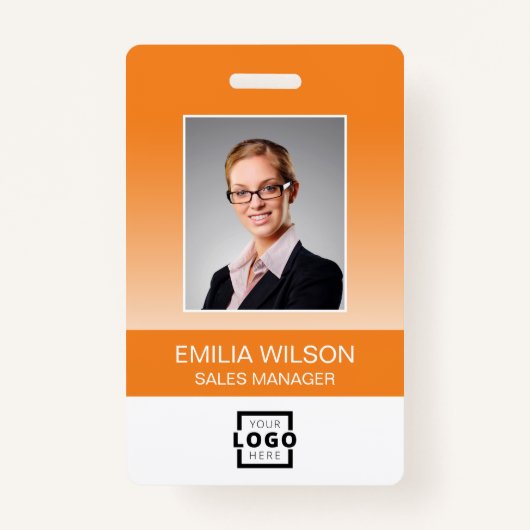 Custom Company Logo Bar Code Employee Photo Oranje Badge (Voorkant)