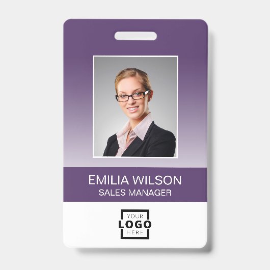 Custom Company Logo Bar Code Employee Photo Paars Badge (Front)