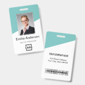 Custom Company Logo Bar Code Employee Photo Teal Badge (Voor- en achterkant)
