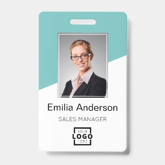 Custom Company Logo Bar Code Employee Photo Teal Badge (Voorkant)