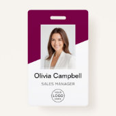 Custom Company Logo Employee Photo Wine Red Badge (Voorkant)