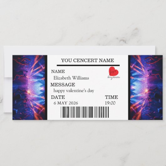 Custom Concert Ticket Gift Girl valentine's day Kaart (Voorkant)