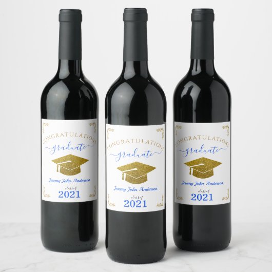 Custom Congrats Afstuderen Blauw/Goud Glitter Effe Wijn Etiket (Flessen)