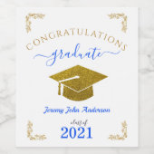 Custom Congrats Afstuderen Blauw/Goud Glitter Effe Wijn Etiket (Enkel label)