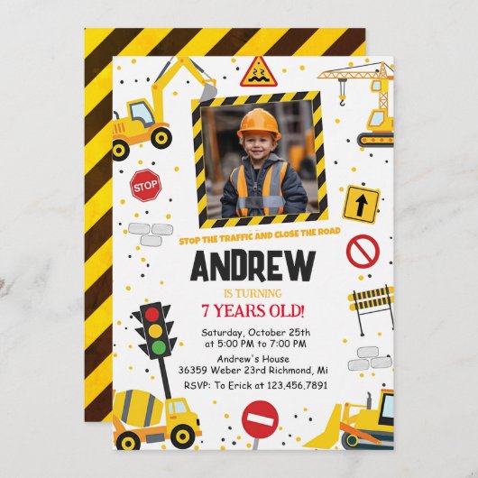 Custom Construction Birthday Party with Image Kaart (Voorkant / Achterkant)