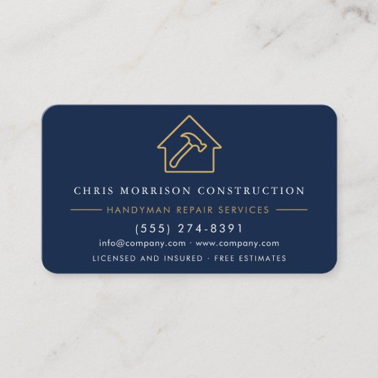 Custom Construction & Handyman Navy Blue Gold Visitekaartje (Voorkant)