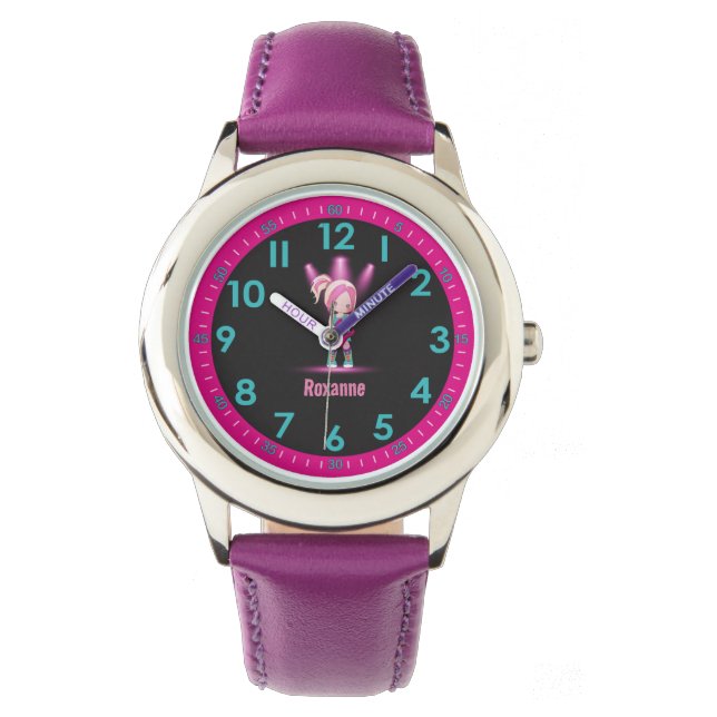 Custom Cool Pink Superstar Leer om de tijd te vert Horloge (Voorkant)