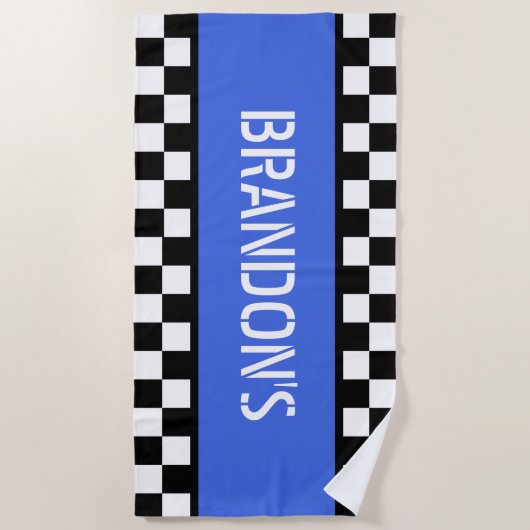 Custom Cool Zwart Wit Vlag Patroon op Blauw Strandlaken (Voorkant)