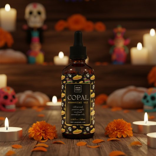 Custom Copal Oil Label for Día de Muertos Wijn Etiket
