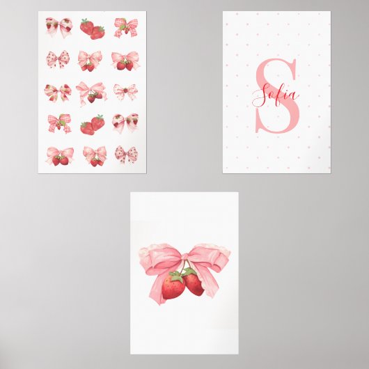 Custom Coquette Strawberries & Bows Design Muurkunst Sets (Voorkant)