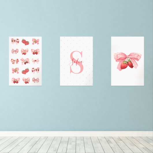 Custom Coquette Strawberries & Bows Design Muurkunst Sets (Houten vloer)