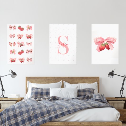 Custom Coquette Strawberries & Bows Design Muurkunst Sets (Slaapkamer)