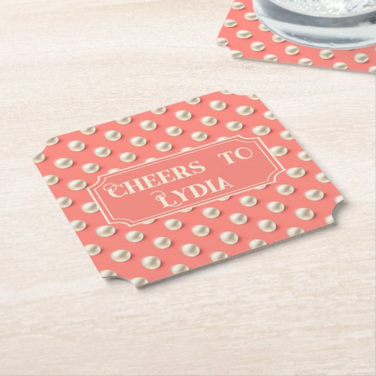 Custom Coral Pearl "Hoera voor de naam" Kartonnen Onderzetters (Gekanteld)