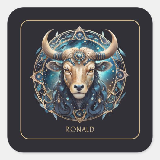 Custom Cosmic Bull Zodiac Symbol Black Gold Taurus Vierkante Sticker (Voorkant)