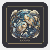 Custom Cosmic Fish Zodiac Sign Black Gold Pisces Vierkante Sticker (Voorkant)