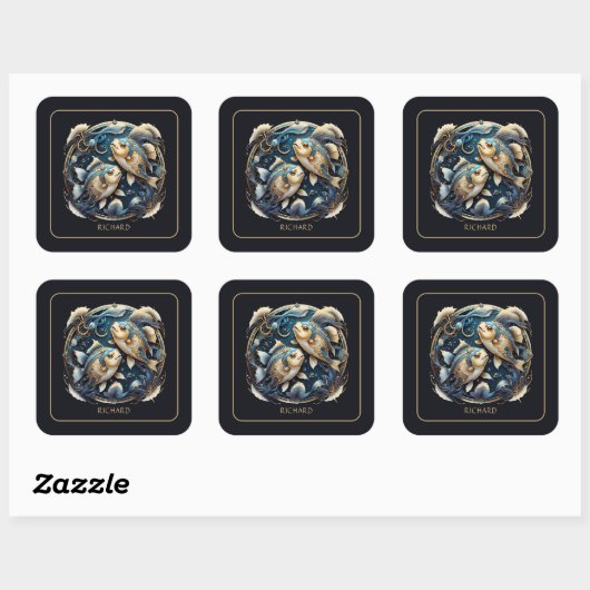 Custom Cosmic Fish Zodiac Sign Black Gold Pisces Vierkante Sticker (Vel)