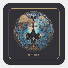 Custom Cosmic Twin Zodiac Symbol Black Gold Gemini Vierkante Sticker