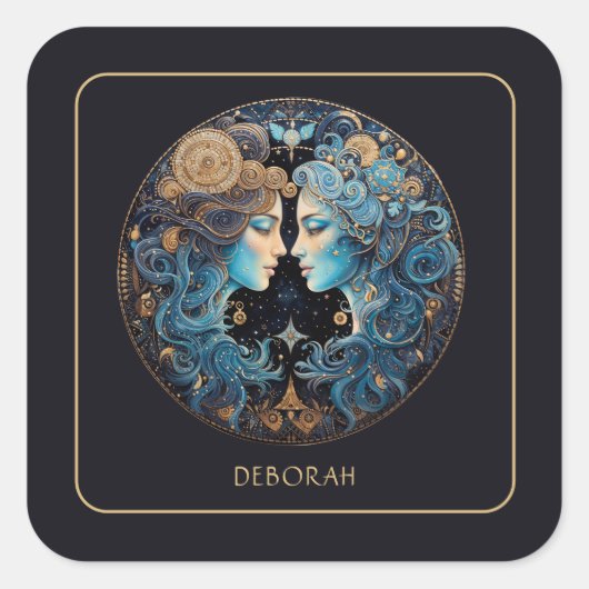 Custom Cosmic Twin Zodiac Symbol Black Gold Gemini Vierkante Sticker (Voorkant)