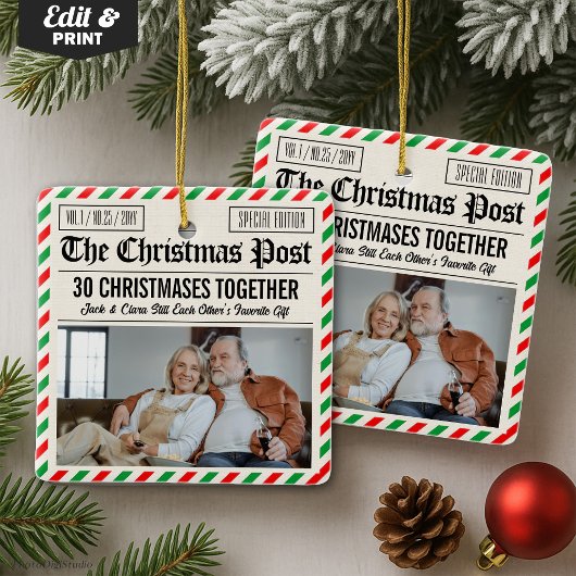 Custom Couple Anniversary Gift Christmas Newspaper Keramisch Ornament