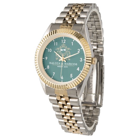 Custom couple floral names monogram  green horloge (Gekanteld)