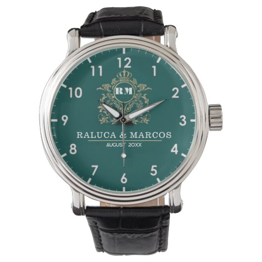 Custom couple floral names monogram green horloge (Voorkant)