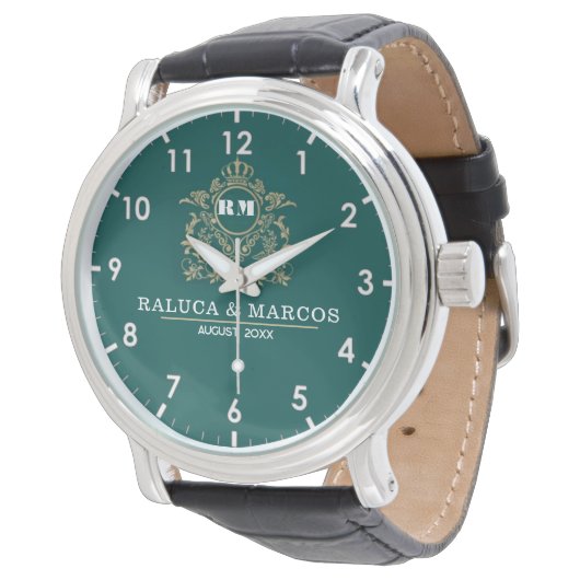 Custom couple floral names monogram green horloge (Gekanteld)