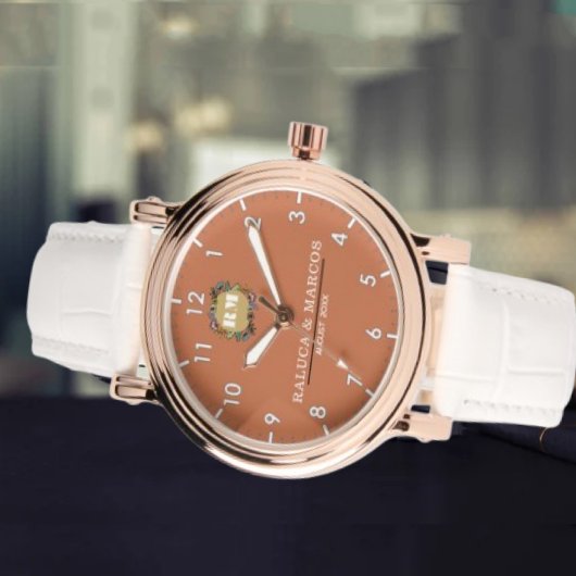 Custom couple floral names monogram orange horloge