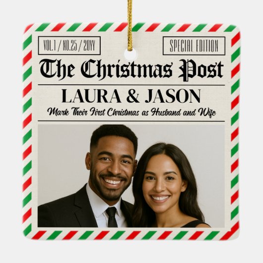 Custom Couple Gift Our First Christmas Newspaper Keramisch Ornament (Achterkant)