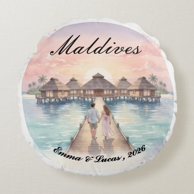 Custom Couple Maldives Honeymoon Keepsake Rond Kussen (Voorkant)