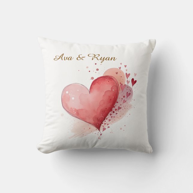 Custom Couple Name Watercolour Hearts Pillow Cover Kussen (Voorkant)