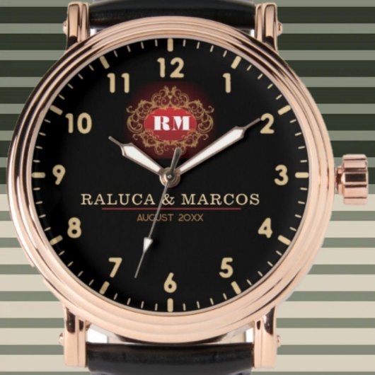 Custom couple names elegant floral monogram horloge