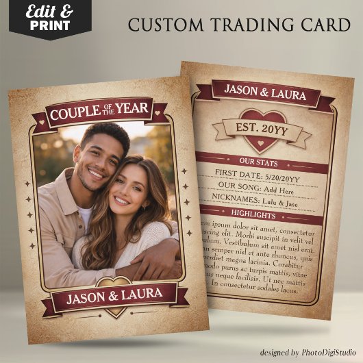 Custom Couple Trading Card, Custom Anniversary  Contactkaartje