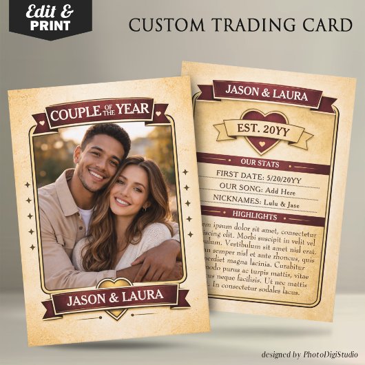 Custom Couple Trading Card, Custom Anniversary  Contactkaartje