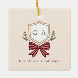 Custom Couple's Monogram Crest Bow Christmas Keramisch Ornament