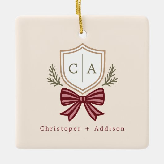 Custom Couple's Monogram Crest Bow Christmas Keramisch Ornament (Voorkant)