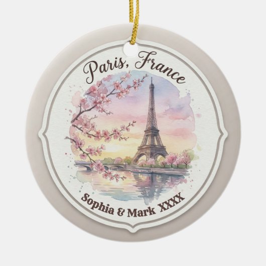 Custom Couple's Paris & Cherry Blossom Keepsake Keramisch Ornament (Voorkant)