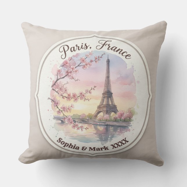 Custom Couple's Paris & Cherry Blossom Keepsake Kussen (Voorkant)