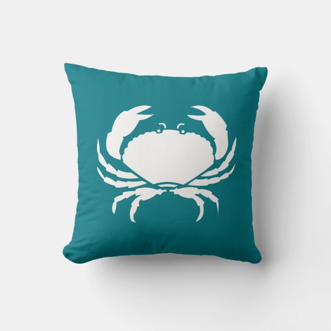 Custom CRAB WIT op dark aqua blauwgroen blauw Kussen (Voorkant)
