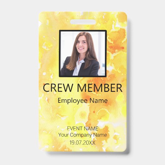 Custom Crew Member Barcode Event Yellow Badge (Voorzijde)