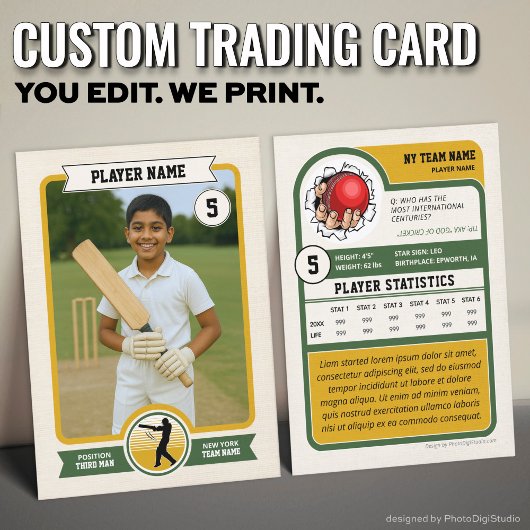 Custom Cricket Trading Card, Vintage Green Player Contactkaartje