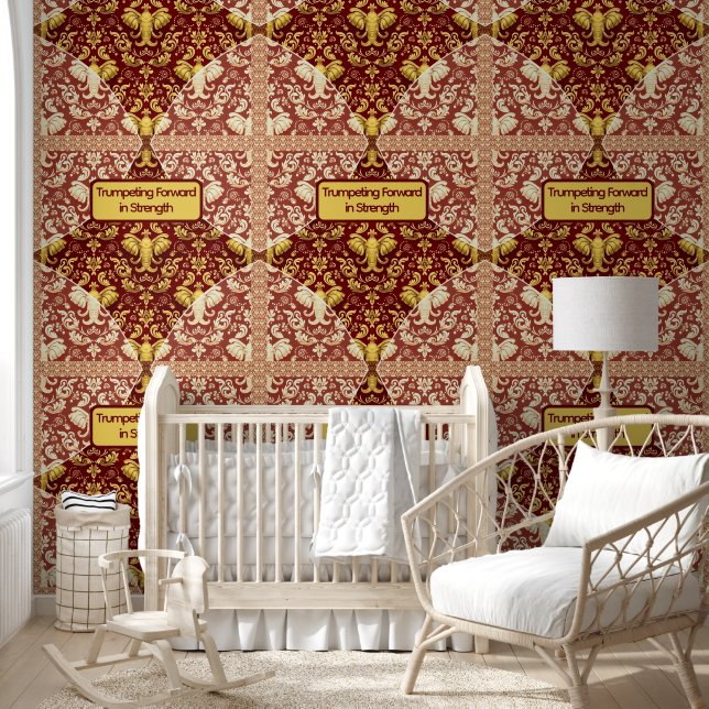 Custom Crimson Red & Gold Elephant Wall Covering Behang (Kinderen)