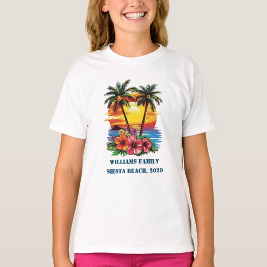 Custom Cruise Roze Palm Tree Beach Familie Reünie T-shirt (Voorkant)