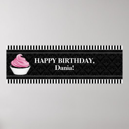 CUSTOM Cupcake en Damask Birthday Banner Poster (Voorkant)