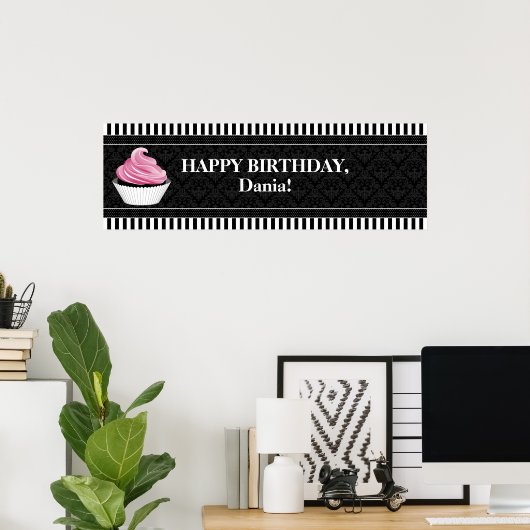 CUSTOM Cupcake en Damask Birthday Banner Poster (Thuiskantoor)