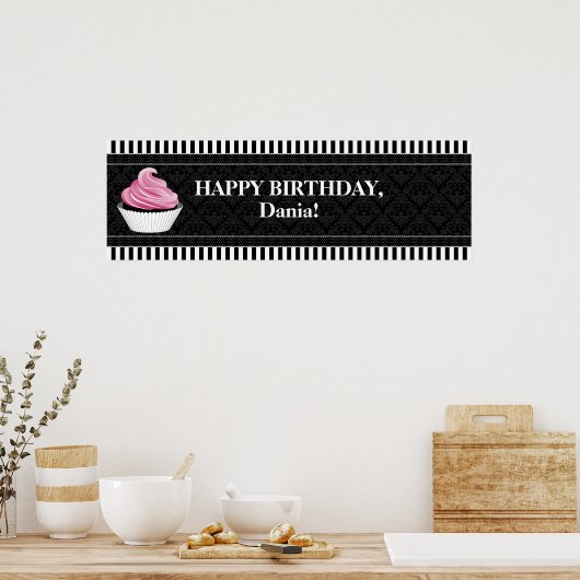 CUSTOM Cupcake en Damask Birthday Banner Poster (Keuken)